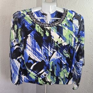 Alfani Petite Chain-Embellished Abstract Print Blouse Career Medium Sheer